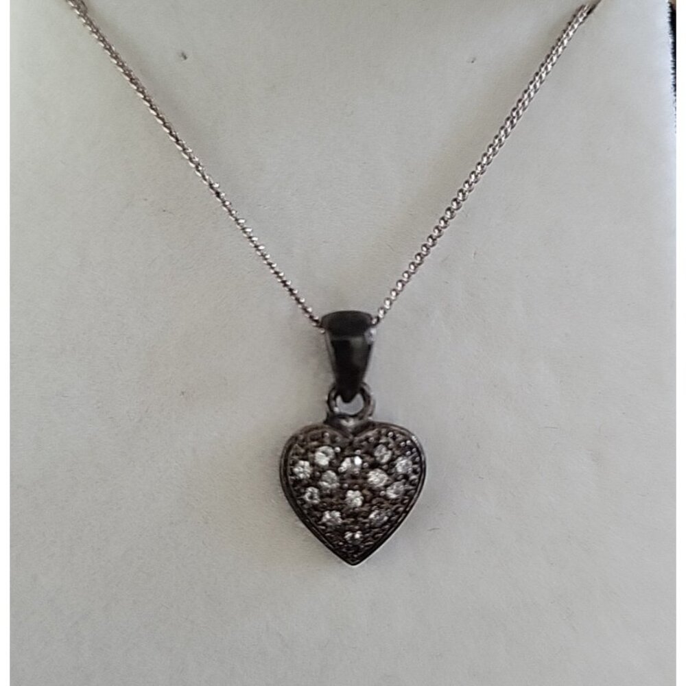 Vintage Sterling Silver 925 and 13 Pave Diamond Heart Pendant 18" Chain w/ Box